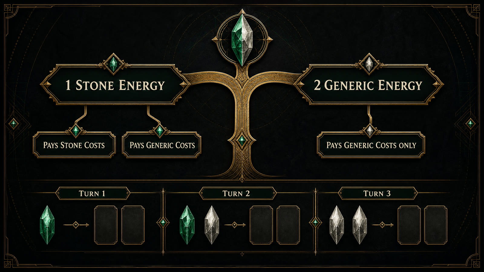 7 Stones turn diagram showing the choice between one Stone Energy and two Generic Energy.